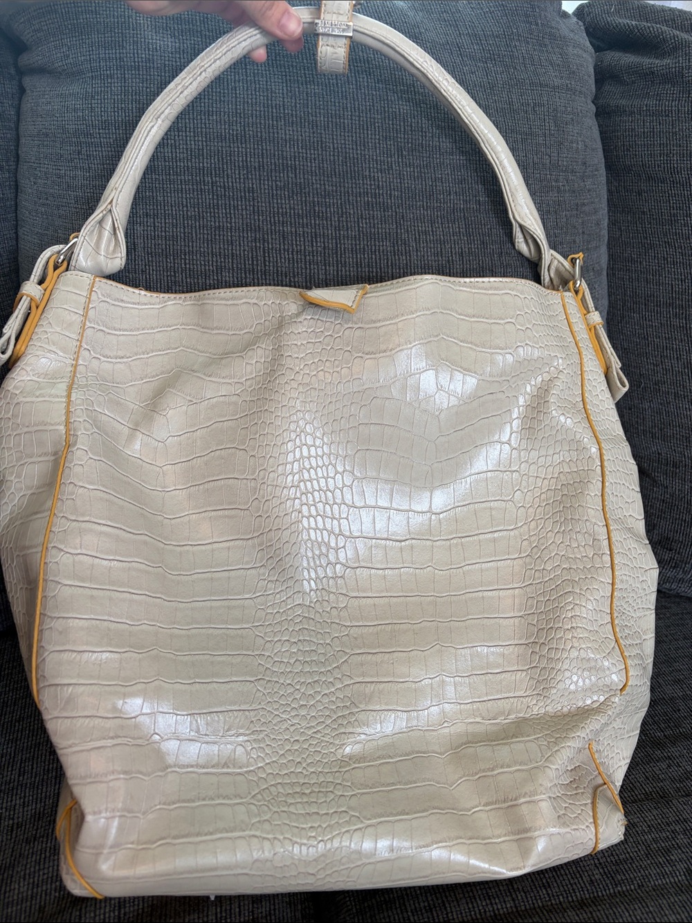 United Colors Of Benetton Cream Croc-Embossed Shoulder Bag with Tan Trim